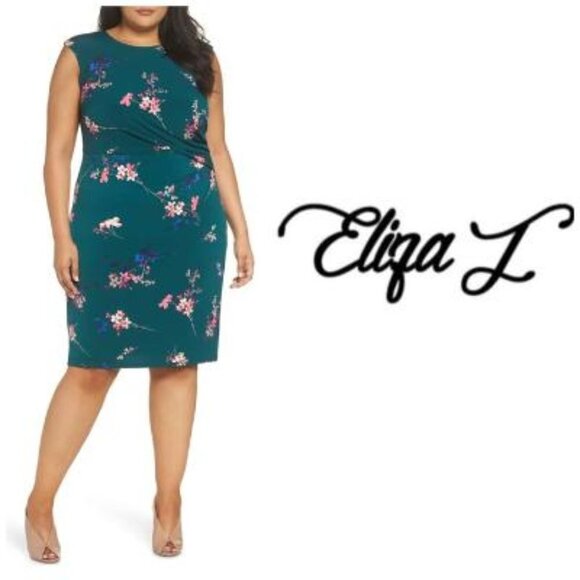 Eliza J Womens Green Floral Cap Sleeve Knit Sheath Dress Plus Sz 24W New - Picture 9 of 11